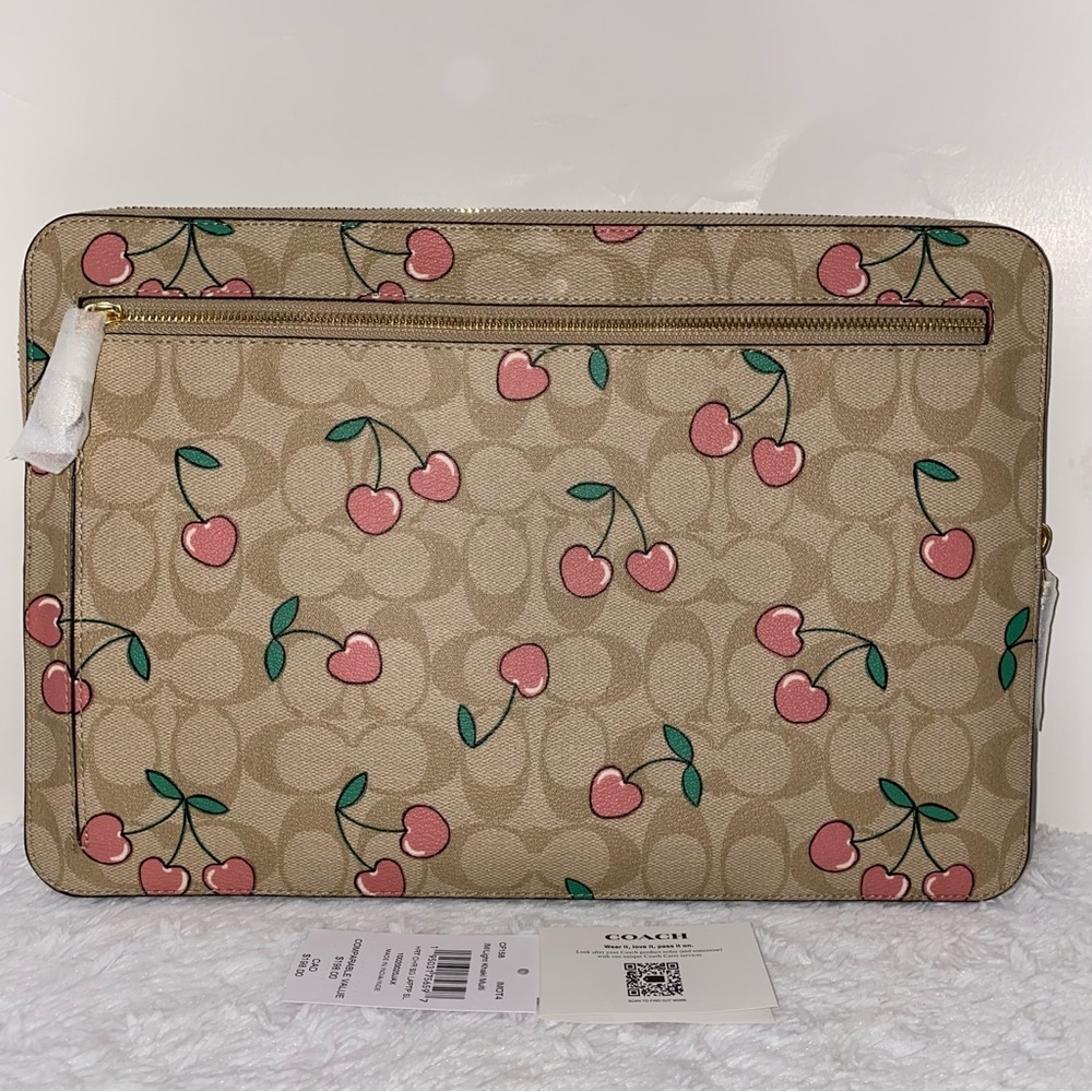 Coach 🍒 Laptop Sleeve In Signature Canvas With Heart Cherry Print New - Picture 3 of 12